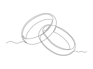 Abstract two wedding engagement rings, continuous single one line art drawing sketch, logo