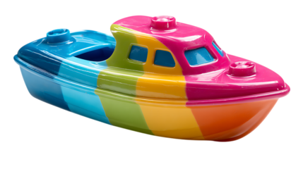 Realistic colorful plastic toy boat, glossy surface, bright playful look, isolated on solid white background