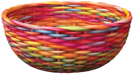 Realistic colorful woven basket, glossy woven texture, artistic handmade design, isolated clean on solid white background