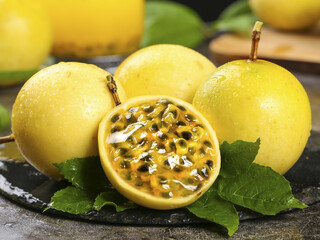 Fresh Golden Passion Fruit from Hainan Guangxi China - Tropical Exotic Fruit with Seeds and Pulp © QuangVinh