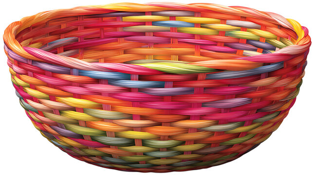 Realistic colorful woven basket, glossy woven texture, artistic handmade design, isolated clean on solid white background