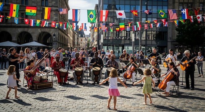 Diverse musicians perform at an international street festival as joyful children dance in a sunny town square under a canopy of world flags