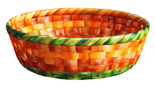 Realistic colorful woven basket, glossy woven texture, artistic handmade design, isolated clean on solid white background