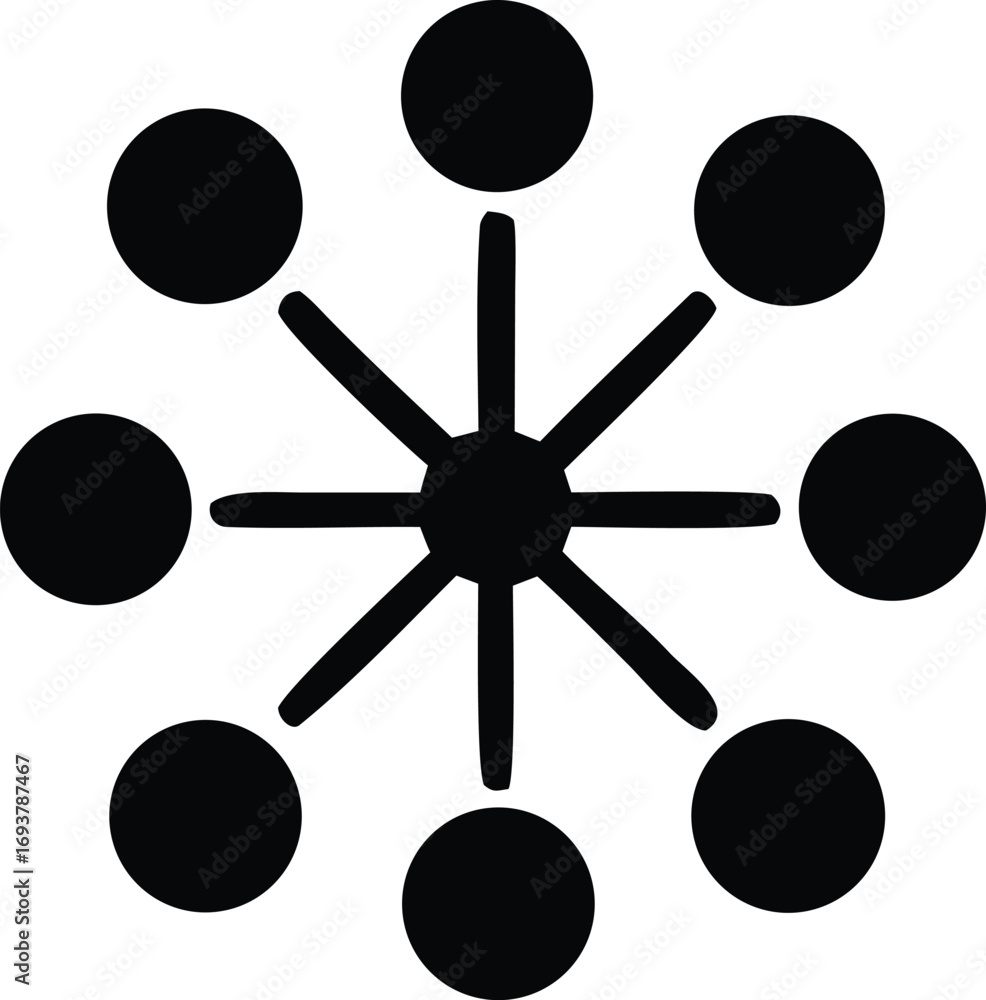 Poster abstract geometric symbol featuring central starburst and surrounding circular elements for modern d