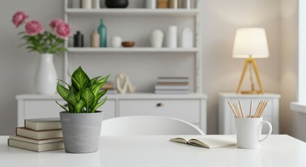 Minimalist Home Office Still Life Featuring Potted Plant and Desk Lamp
