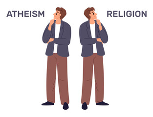 Young man stands pensively looking at words atheism and religion. God faith. Thoughtful guy making choice about belief. Decide dilemma. Alternative spiritual choose. Vector concept