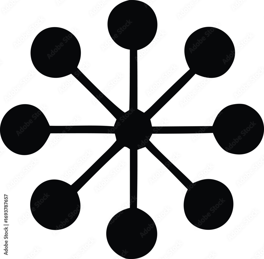 Poster abstract radial starburst pattern with central hub and eight outer circular elements connected by li