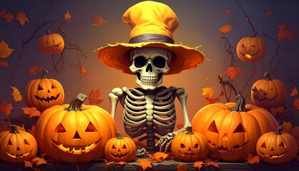 Skeleton with pumpkin. Halloween
