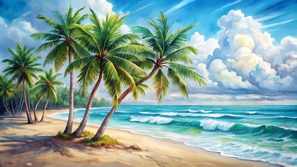 Obraz premium Tropical beach paradise with palm trees and turquoise water under blue sky