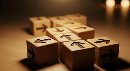 Wooden cubes with directional arrows symbolize choices, strategy, and pathfinding for success