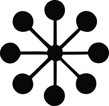 Abstract radial starburst pattern with central hub and eight outer circular elements connected by lines representing connection or network