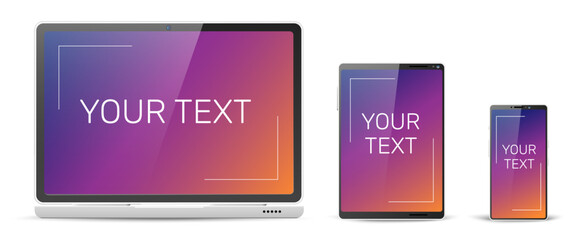 Realistic laptop, tablet and cell phone mockups for ad or UI design. Electronic equipment technology. Smartphone touch screen front view. Media gadgets connection. Vector 3D devices set