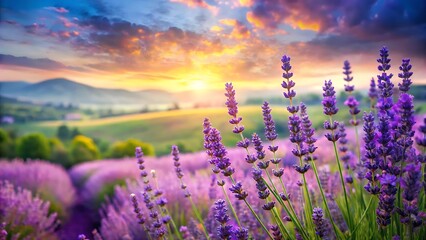 Naklejka premium Lavender field at sunset with mountains and a colorful sky in background