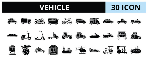 30 Vehicle Glyph Icons Vector - Scooter, Tractor, Taxi, Subway, Sedan, Pickup truck, Pedicab, Submarine