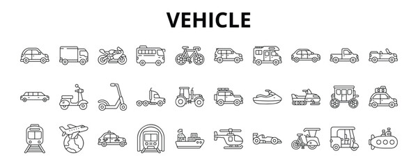 30 Vehicle Line Icons Vector - Scooter, Tractor, Taxi, Subway, Sedan, Pickup truck, Pedicab, Submarine