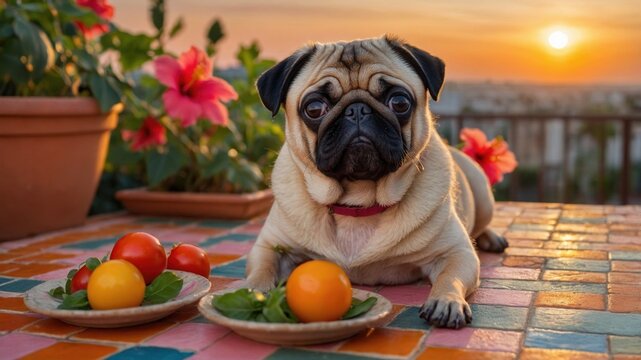A cute pug lying on a colorful tiled table with fresh fruits during a vibrant sunset in the background