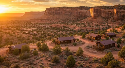 Scenic Desert Landscape with Rustic Cabins Against a Vibrant Sunset in Nature