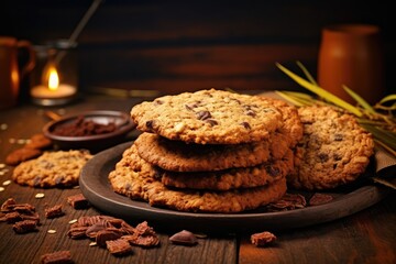 Fototapeta premium Oatmeal Cookies, Cereal Oat Crackers with Chocolate, Thin Cookies, Crispy Anzac Biscuit Cookie