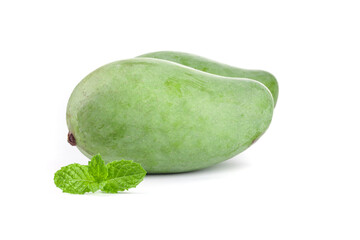 Fresh Raw Green Mango with Mint Leaves on White Background Guangxi Tropical Fruit