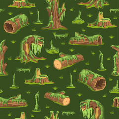Old fallen trees in swamp overgrown with moss and lichen. Natural mossy branches seamless pattern. Jungle landscape. Repeated print. Wood log with oakmoss. Morass plant. Vector background
