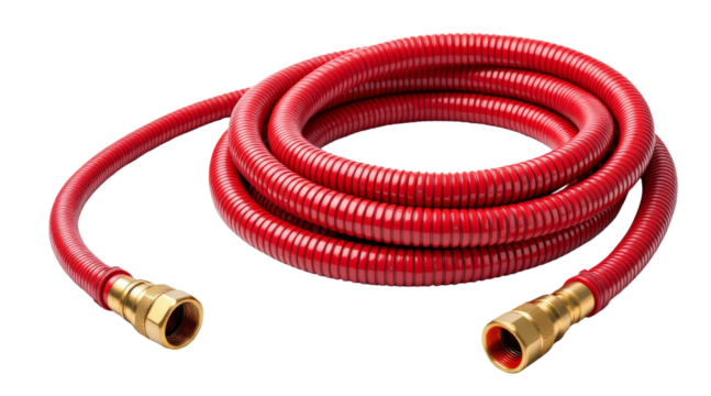 Red Garden Hose with Brass Couplings isolated on White Background
