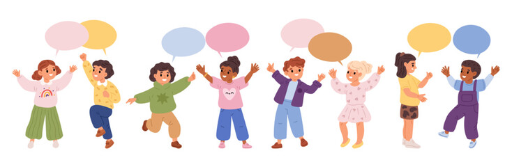 Fun boys and girls talk to each other using speech bubbles. Children group communication. Friends talk. Classmates conversation. Happy little speakers. People dialogue. Vector concept