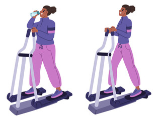 Fat and skinny woman exercising on gym machine. Fitness for weight loss. Sport physical training. Aerobic workout with simulators. Female slimming. Obese and slim girl. Vector concept