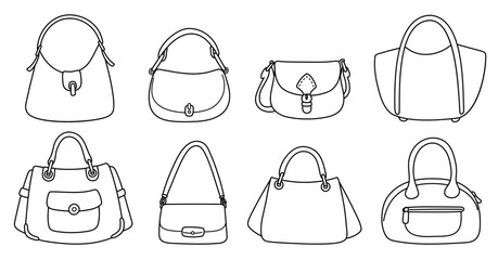 Fashionable women bags. Trendy accessories. Modern shopper. Casual crossbody. Line pouch. Outline elegant female clothing. Vector set of linear silhouettes isolated on white background