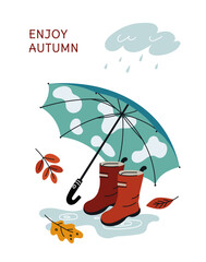 Cozy autumn card. Walk on puddles. Fall season enjoy. Rainy weather outdoor stroll in park. Umbrella and rubber boots. Comfortable waterproof shoes. Sky clouds. Vector autumnal poster