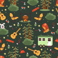 Camping or vacationing in woods. Campsite seamless pattern. Campground tent with campfire. Repeated print. Flashlight and backpack for hiking travel. Tourists axe. Vector background