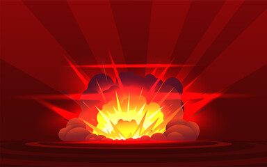 Big bang of atomic bomb. Huge bright explosion of projectile with release of light. Energy detonation epicenter. Explosive destruction. Fire blaze and smoke. Vector comic background