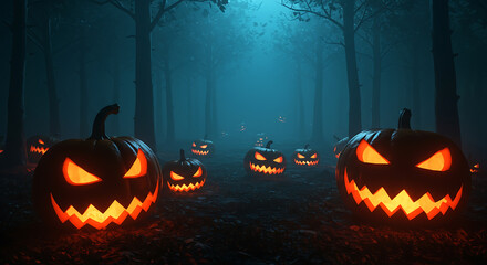 Spooky halloween jack o lanterns glowing in a dark misty forest at night