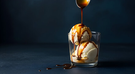 Delicious Affogato Dessert with Vanilla Ice Cream and Chocolate Coffee Drizzle on a Dark Blue Background.