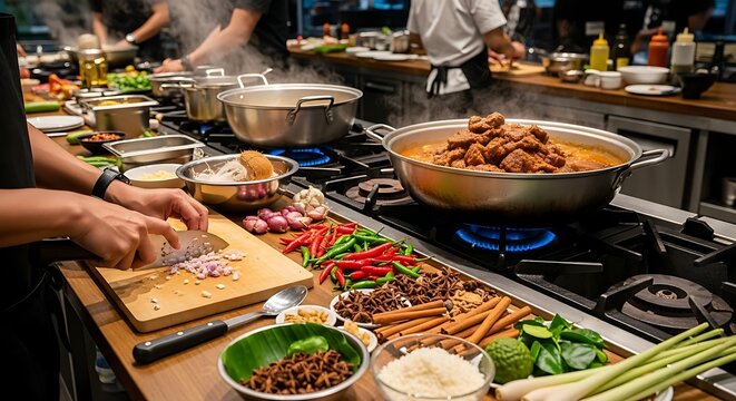 Food preparation of beef rendang with turmeric ginger and garlic