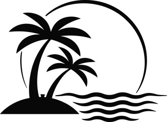 Tropical Island Paradise with Palm Trees and Ocean Waves in Silhouette Against a White Background Evoking Vacation and Relaxation with a Minimalist Artistic Style