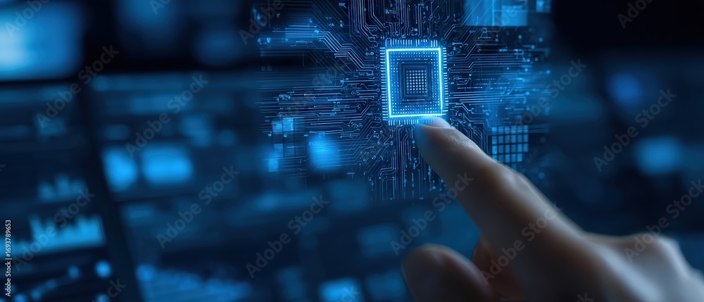Poster a close-up of a hand touching a glowing microchip with intricate circuitry, symbolizing technologica