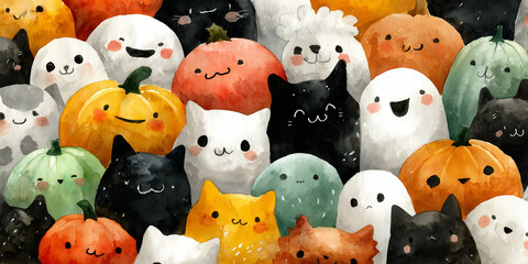 Halloween Motiv mit Geister und Katzen als Hintergrundbild oder Geschenkpapier Werbeplakat