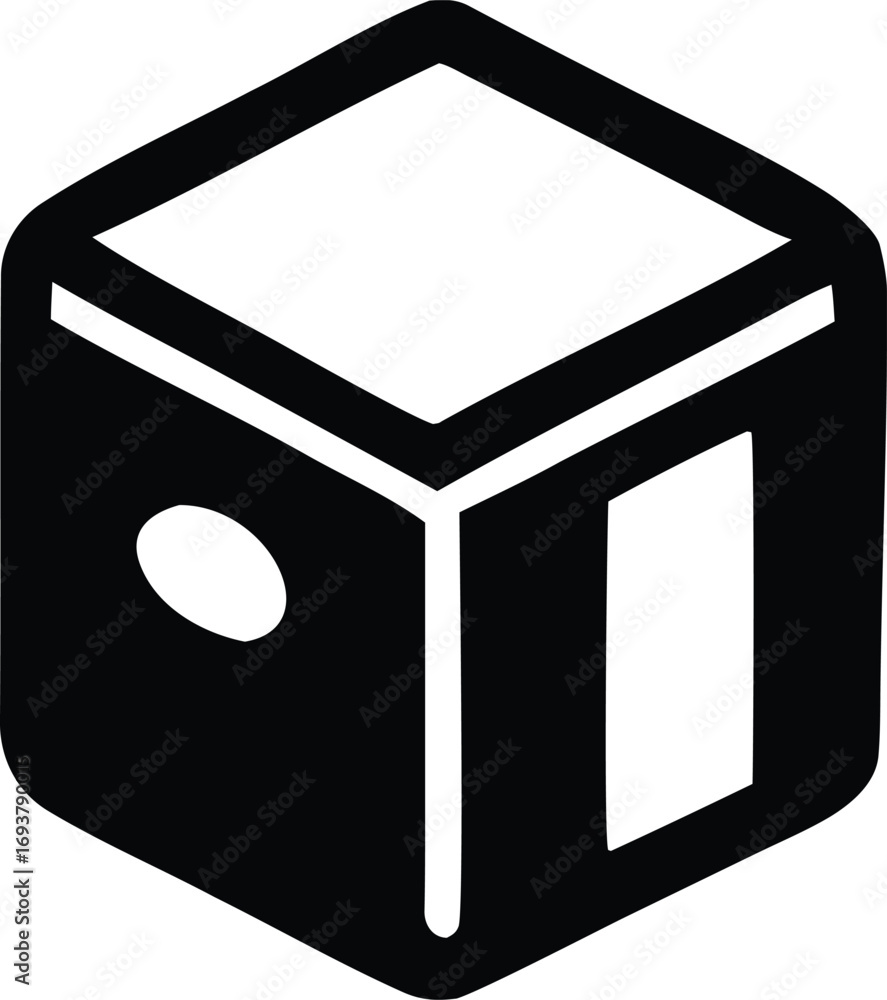 Poster simple black and white icon of a cube with a single dot on one face representing a dice symbolizing 