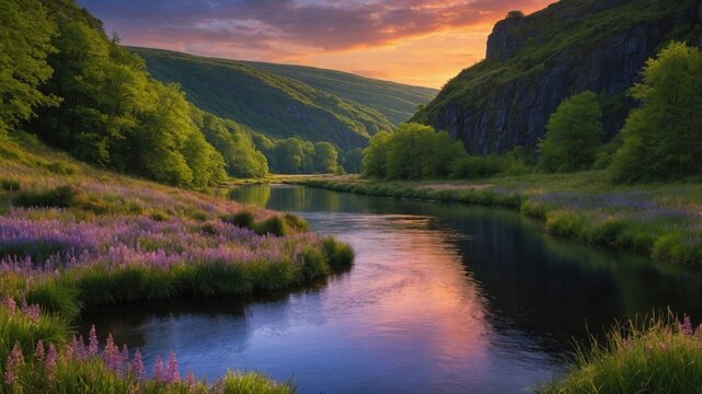 Serene river winding through lush green hills and vibrant wildflowers under a colorful sunset