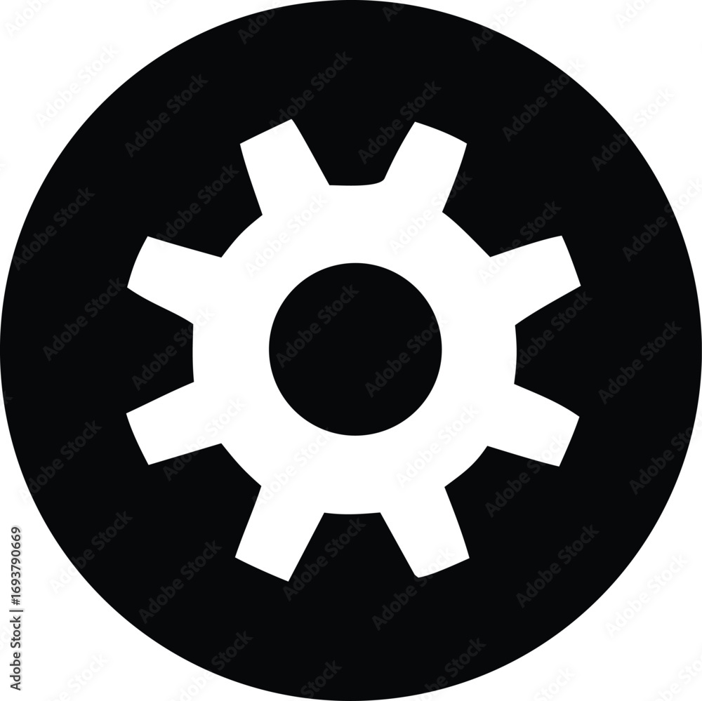 Poster clean white gear icon inside a black circle simple machine part symbol for settings or configuration