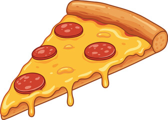Cartoon pepperoni pizza slice with melted cheese, delicious fast food vector illustration, cheesy pizza art, junk food, snack concept