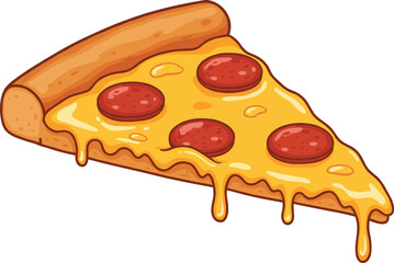 Cartoon pepperoni pizza slice with melted cheese, delicious fast food vector illustration, cheesy pizza art, junk food, snack concept