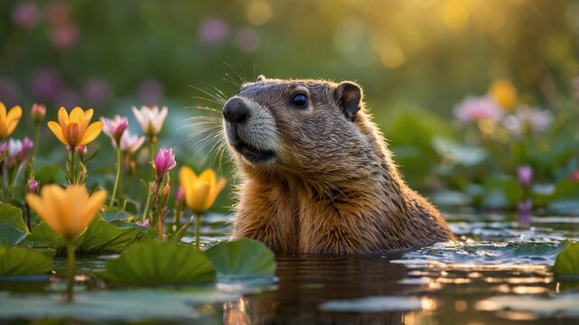 A curious groundhog emerges from a serene pond surrounded by vibrant flowers at sunset