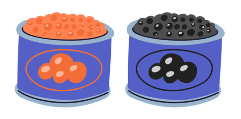 Two open metal canning jars with black and red caviar. Expensive snack. Sturgeon or salmon roe. Salted seafood. Conserved delicatessen. Gourmet food. Preserved fish. Vector objects set