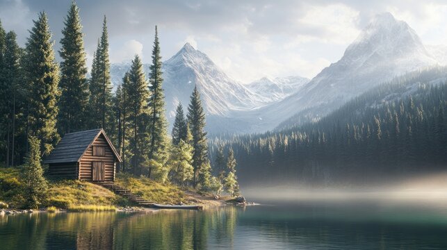 Serene lakeside cabin nestled amongst towering pines and majestic, snow-capped mountain peaks