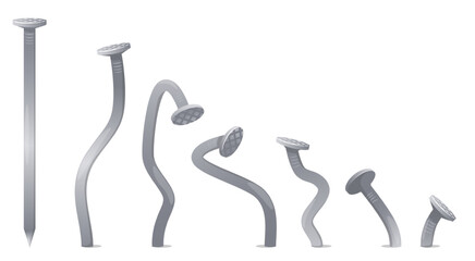 Straight and bent metal nail. Hobnails hammering process steps. Broken pins. Hardware insulated on white background. Industrial tools. Building bolts. Carpentry curved fasteners vector set