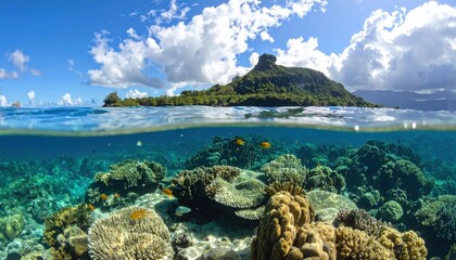 A vibrant split-level view showcases a lush tropical island and a colorful coral reef teeming with marine life.
