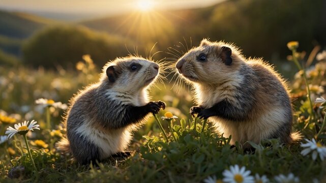 Two adorable marmots interacting in a sunlit meadow filled with daisies during golden hour