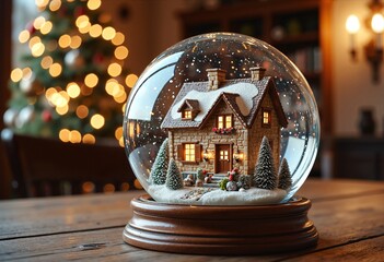 Christmas house in snow globe on a wooden table
