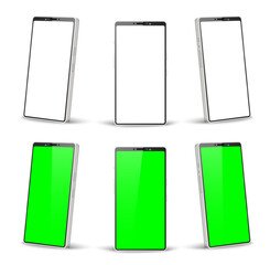 Realistic cell phone mockup with green and white screen for advertisement or app interface design. Mobile display UI. Blank touchscreen. Smartphone technology. Vector 3D objects set